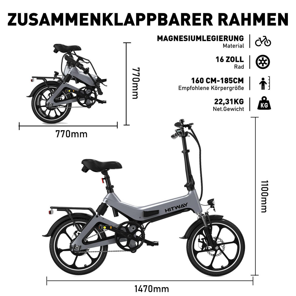 E BIKE Klapprad BK2 Reichweite 35–70 km - Grau, Metall (64cm) - HITWAY