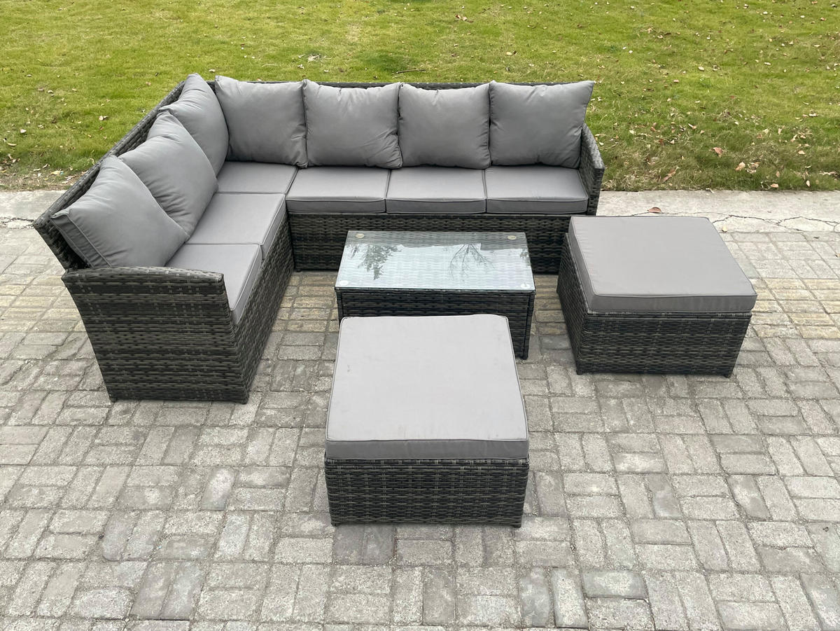 GARTENSET mit Couchtisch, Fußhocker Polyrattan Dunkelgrau 8-Sitzer - Dunkelgrau/Grau, Glas/Kunststoff - Fimous