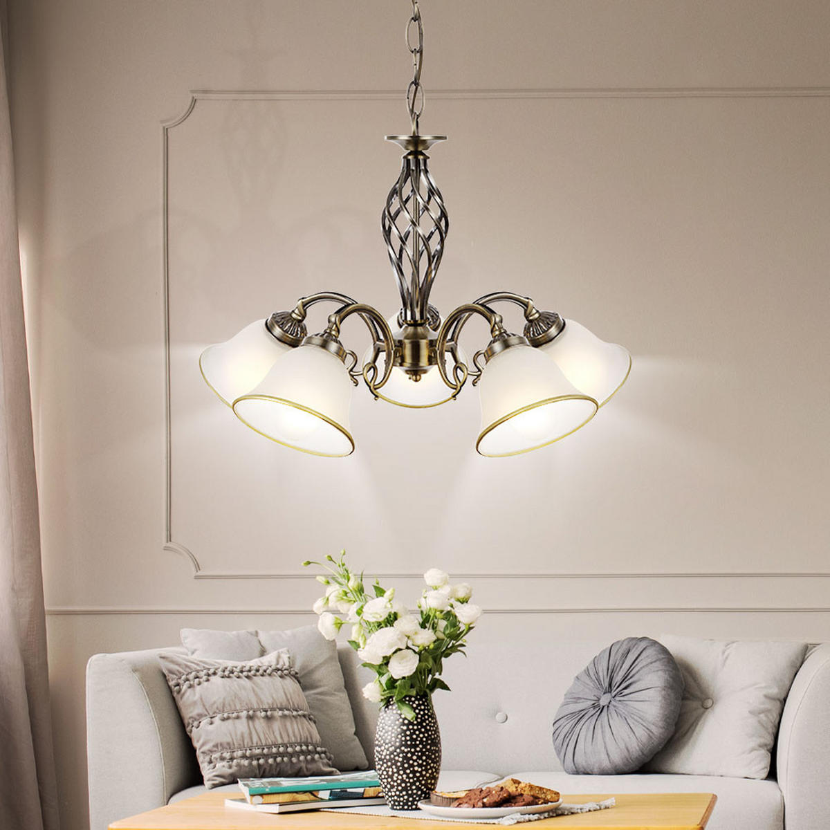 KRONLEUCHTER ODIN Messing 5-flammig - Messingfarben, Glas (60/60/120cm) - Globo Lighting