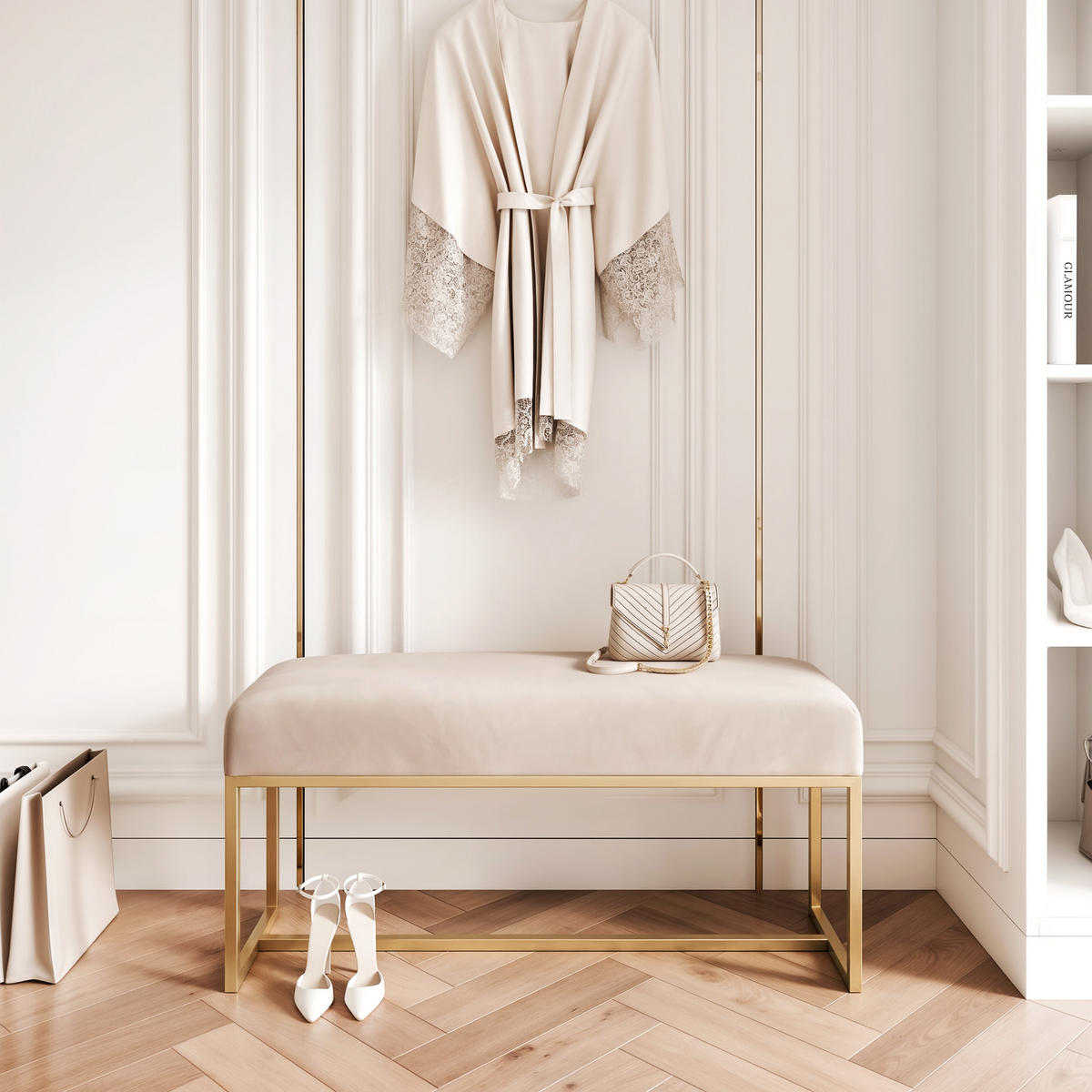 POLSTERBANK MUSE 100 cm Gold / Beige ,Metallgestell - Beige, Metall (100/47/30cm) - Idohome