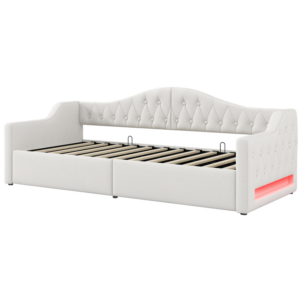 POLSTERBETT 90/200 cm Beige mit LED-Beleuchtung und Stauraum aus Leinen - Beige, Holzwerkstoff (90/200cm) - OKWISH