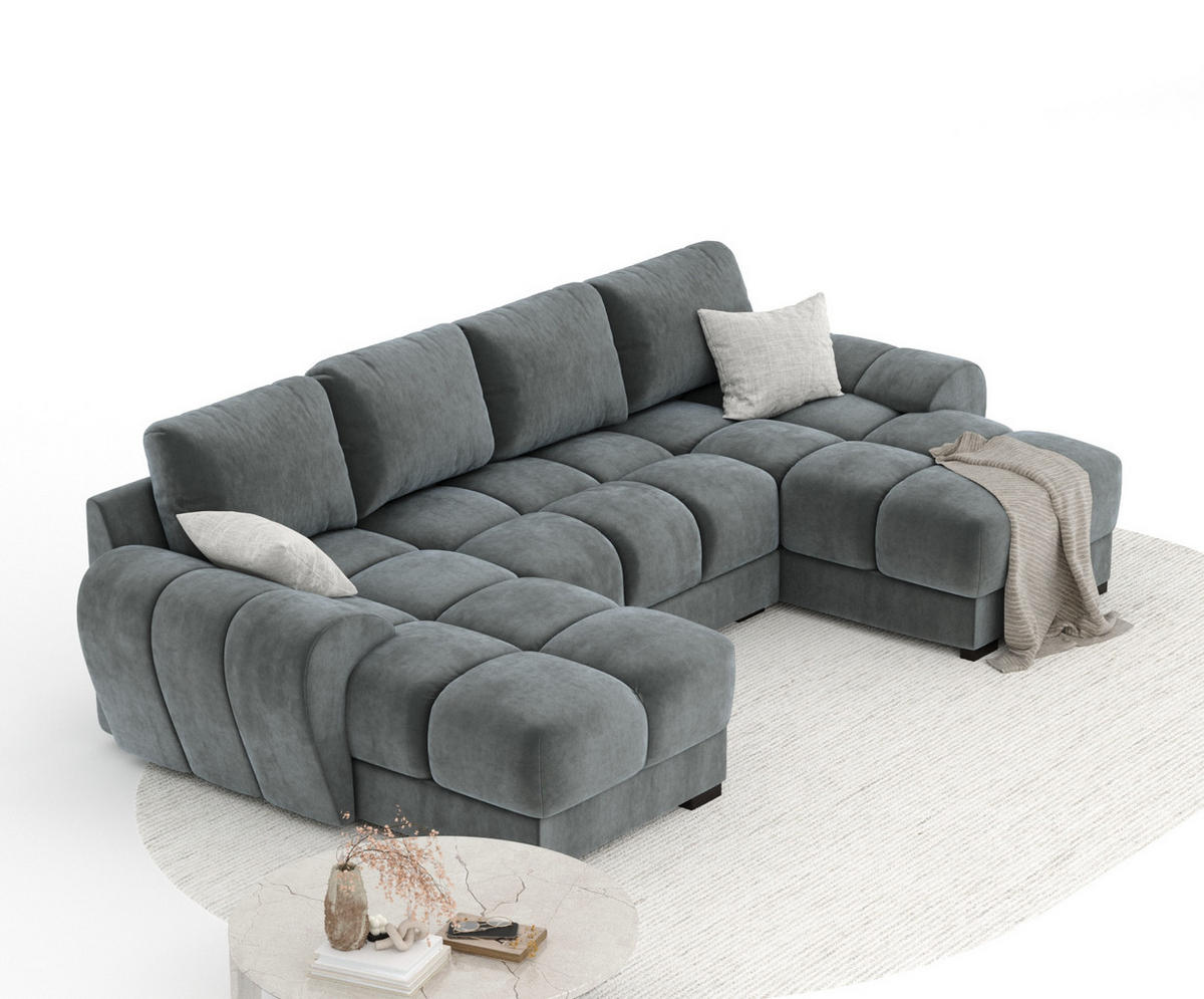 WOHNLANDSCHAFT Peebles Dunkelgrau Samtstoff - Schwarz/Grau, Holz/Holzwerkstoff (330/90/175cm) - Maison de Reve