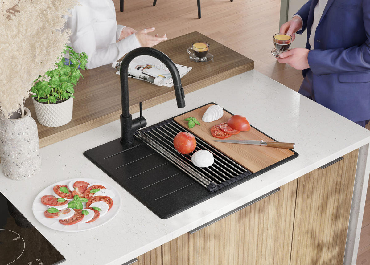 SPÜLBECKEN Kopenhagen, 2-er set Anthrazit 62/50 cm 1 Becken + Ablauf-Set + Schneidebrett ab 50er Unterschrank - Chromfarben/Anthrazit, Kunststoff (62/20/50cm) - Primagran