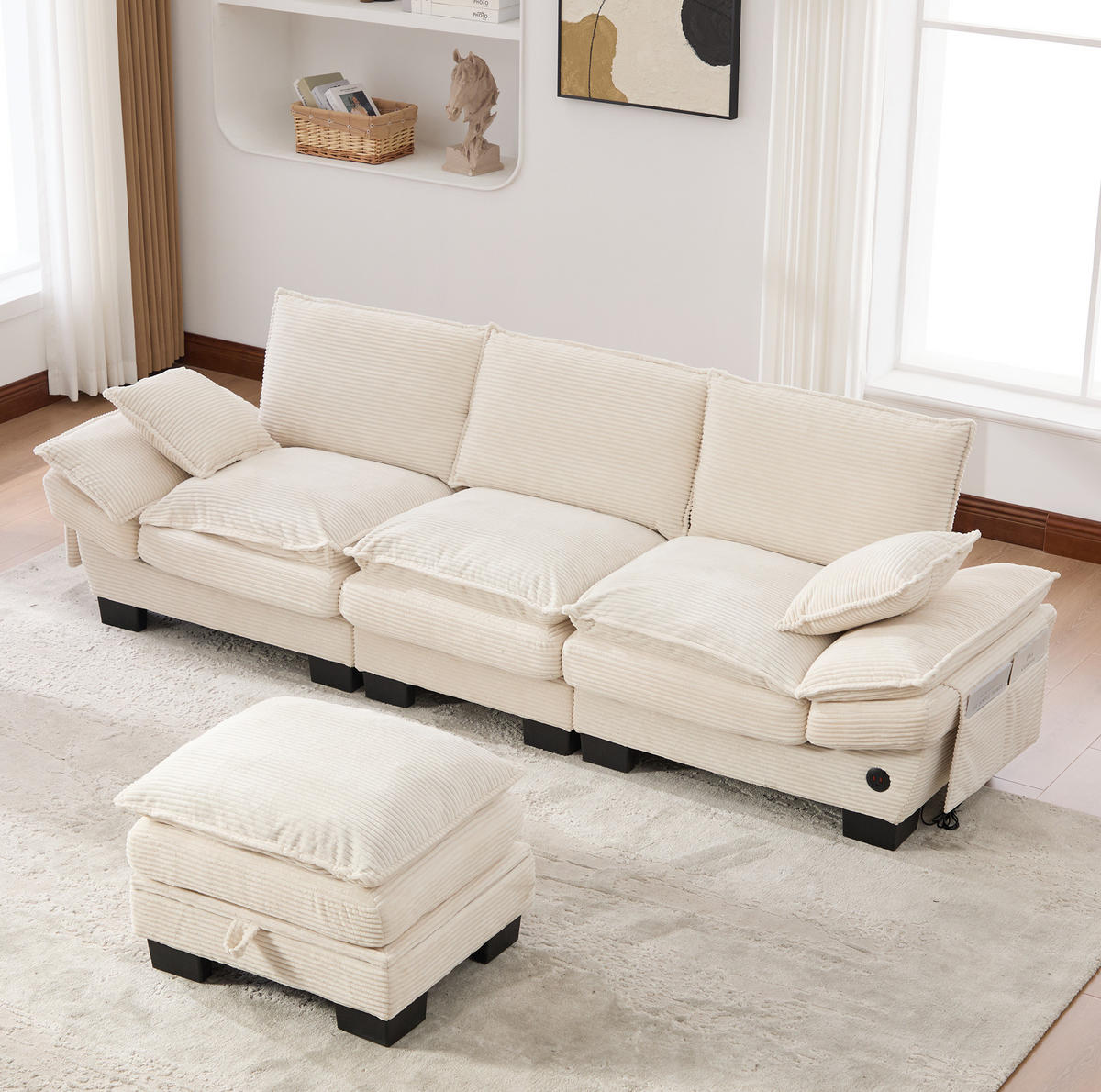3-SITZER aus Cord 260x132x84 cm in Beige mit USB-C & Seitentaschen - Beige, Textil (132/84/260cm) - Modfu