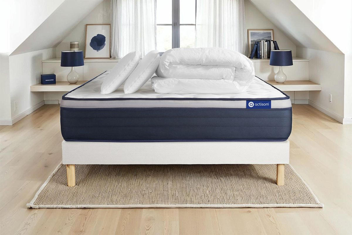 BETT Actiflex max Taschenfederkern und Memory-Schaum 160 x 200 cm h3 - Kit Bettgestell Weiß - Mit Kissen und Bettdecke - Beige/Weiß, Karton/Holz (160/200cm) - ACTISOM