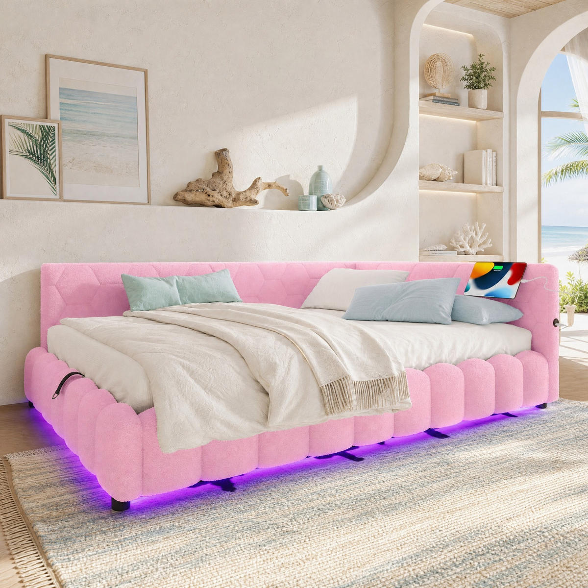 POLSTERBETT 140/200 mit Bettkasten, LED-Lichtleiste, USB und Type-C aus Vliesimitat in Rosa - Rosa, Holzwerkstoff/Textil (140/200cm) - EVRYAE