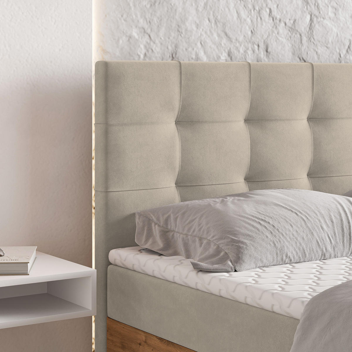 BOXBETT MOLVEN 180x200 cm mit Matratze und Topper - Beige - Beige, Holz (180/200cm) - MASSENO