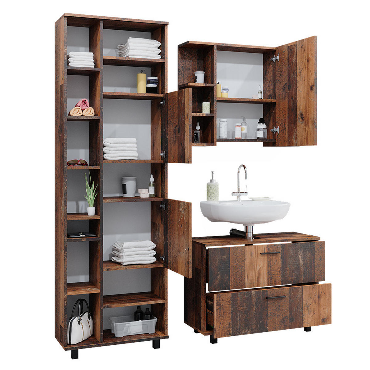 BADMÖBEL-SET Ilias Eiche rustikal 3 Teile, mit Hochschrank - Wildeiche, Holzwerkstoff (80.2/60.8/33cm) - Vicco