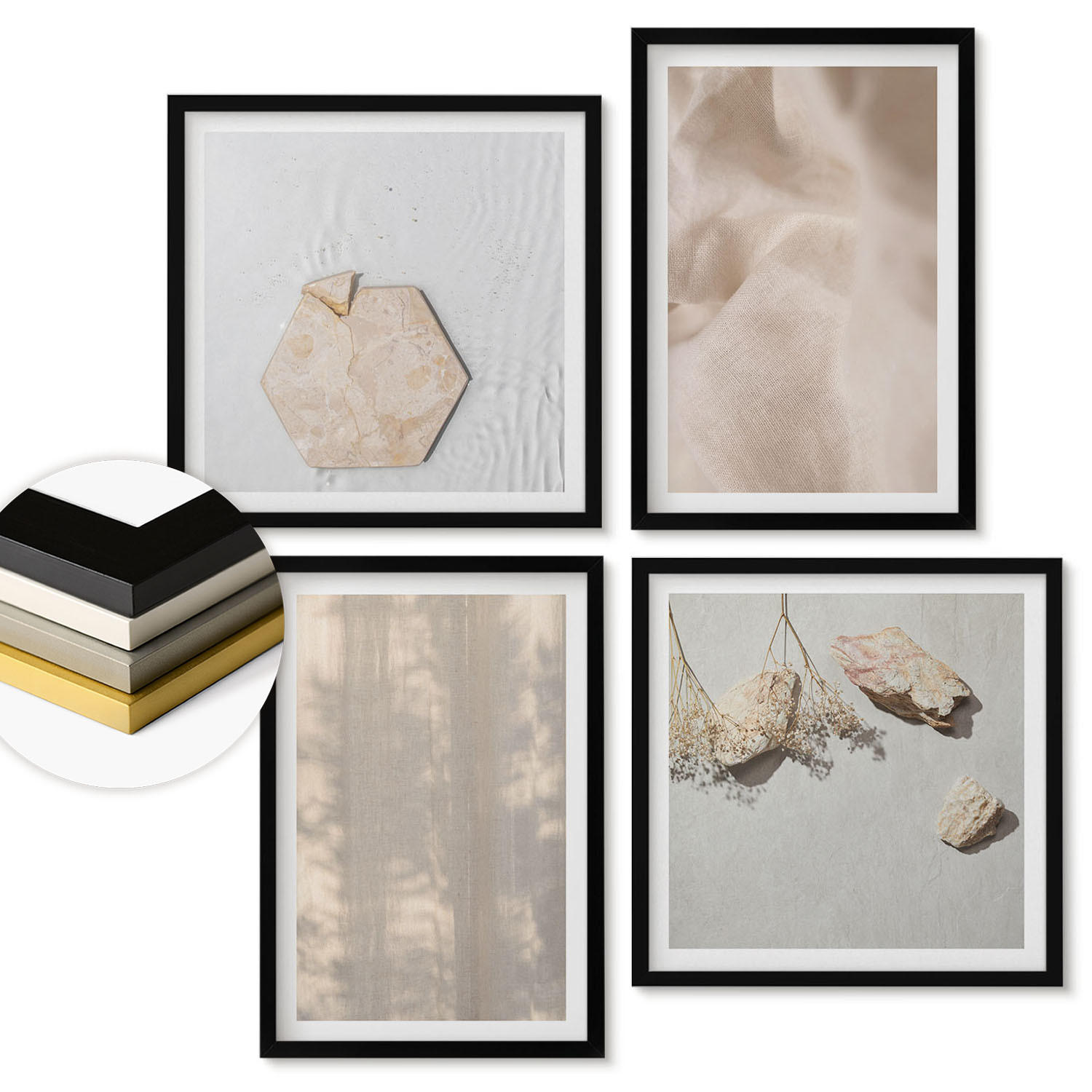 WANDBILDER 4er-Set - 50x50 cm & 40x60 cm Schwarzer Rahmen - Dezente Boho-Naturtexturen - Schwarz, Kunststoff (50/50cm) - ArtPrintCave