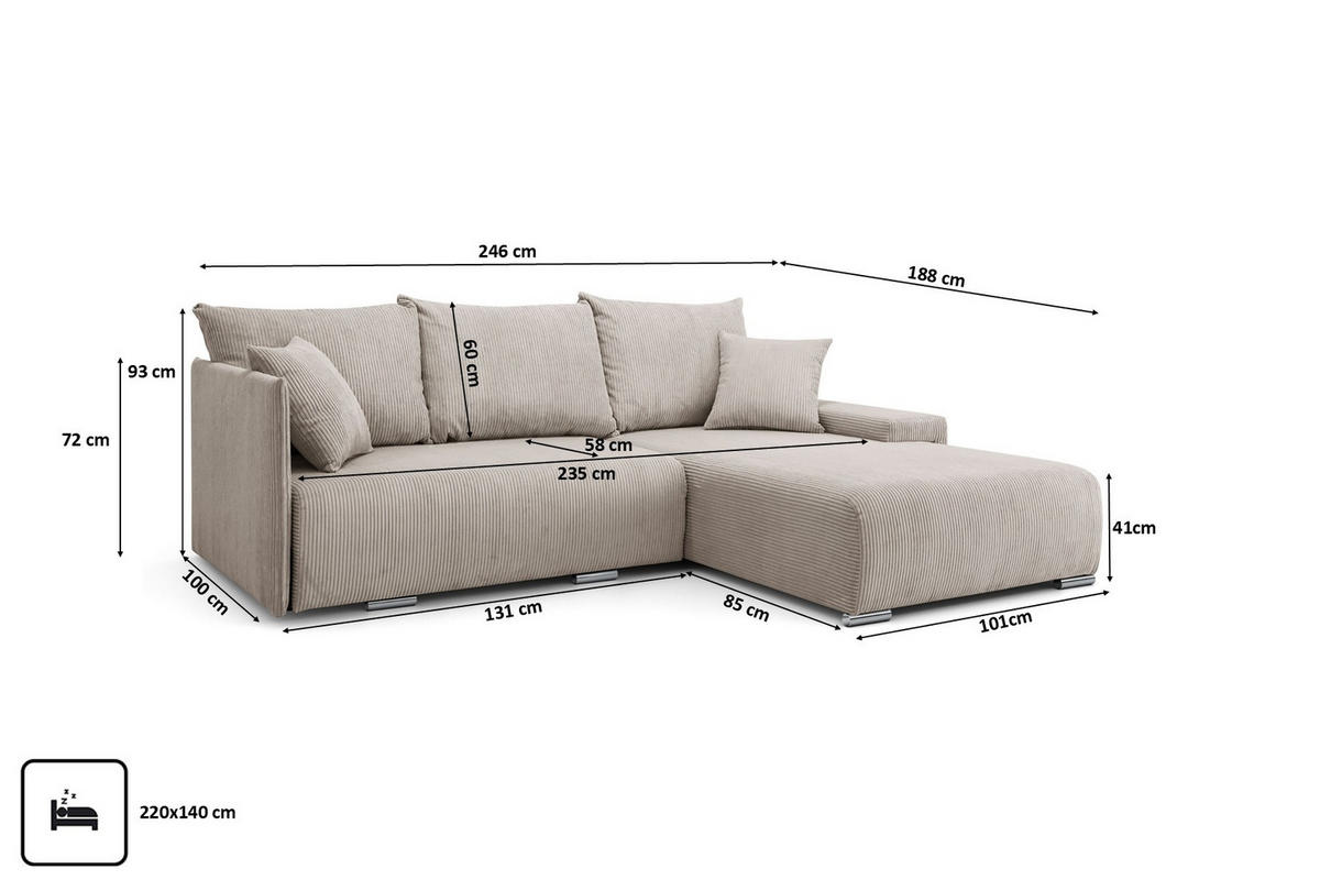 ECKSOFA L-Form Schlaffunktion Livorno Cord-Stoff Beige Rechts - Chromfarben/Beige, Holz/Kunststoff (246/188cm) - Kaiser Möbel