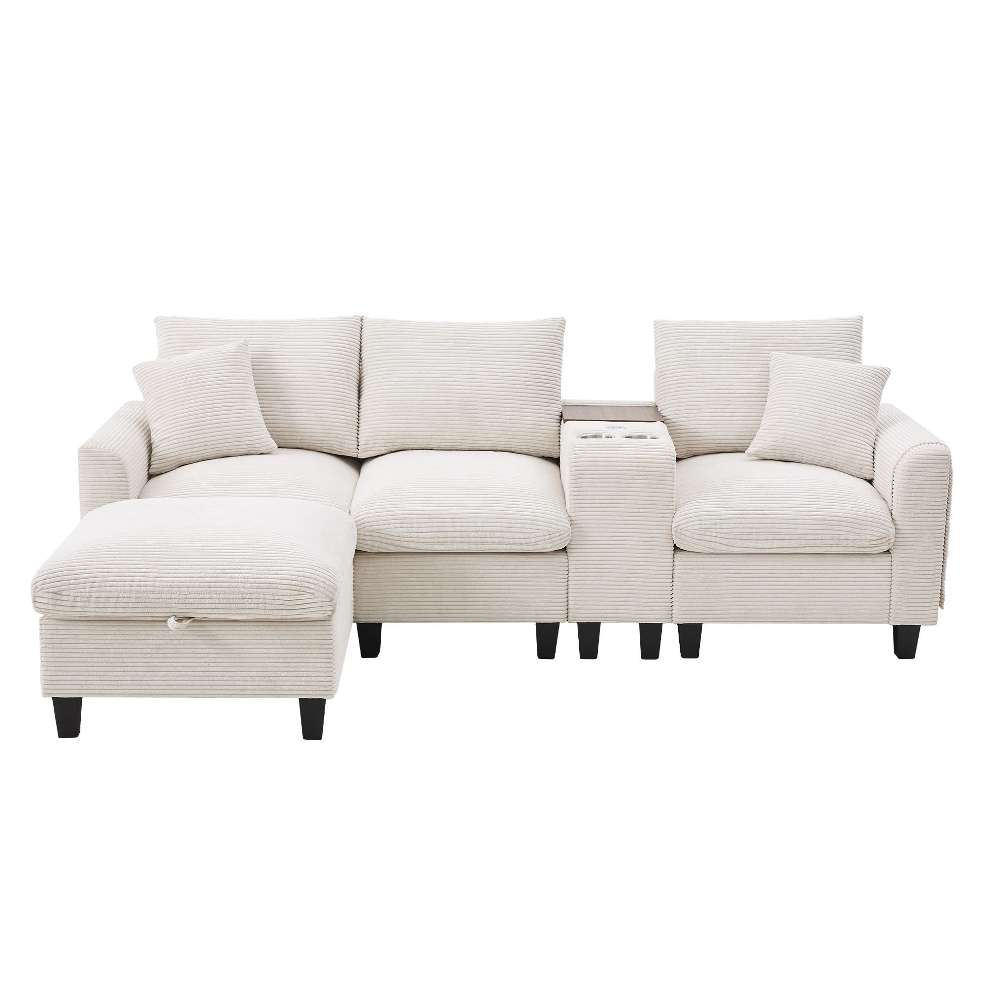 SOFA L-Form 4-Sitzer mit Konsole und 2 USB-Anschlüssen Cord Beige 229/149,5/83 cm - Beige, Textil (229/149.5cm) - OKWISH
