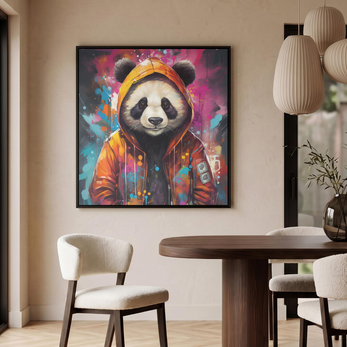 LEINWAND Bilder mit Rahmen - Panda - Jacke - Graffiti - Orange - 90x90 - Orange, Textil (90/90cm) - MuchoWow