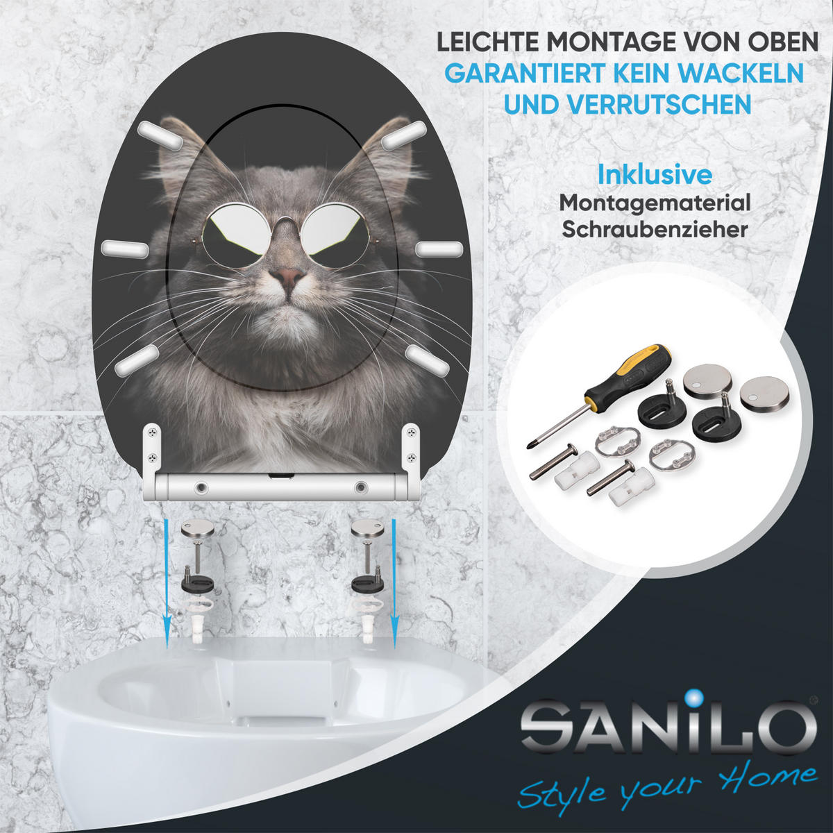 WC-SITZ mit Absenkautomatik & Top Fix Cool Cat - Schwarz, Holzwerkstoff (37.7/5.5/48cm) - Sanilo