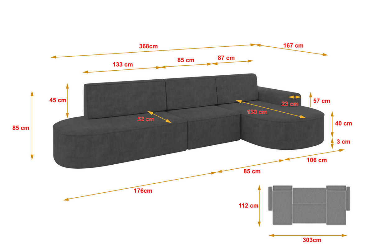 ECKSOFA mit Schlaffunktion Ottomane RECHTS MARI L2-S 368X167X85 Dunkelgrau Velours - Dunkelgrau/Schwarz, Holzwerkstoff/Kunststoff (167/368cm) - ALTDECOR