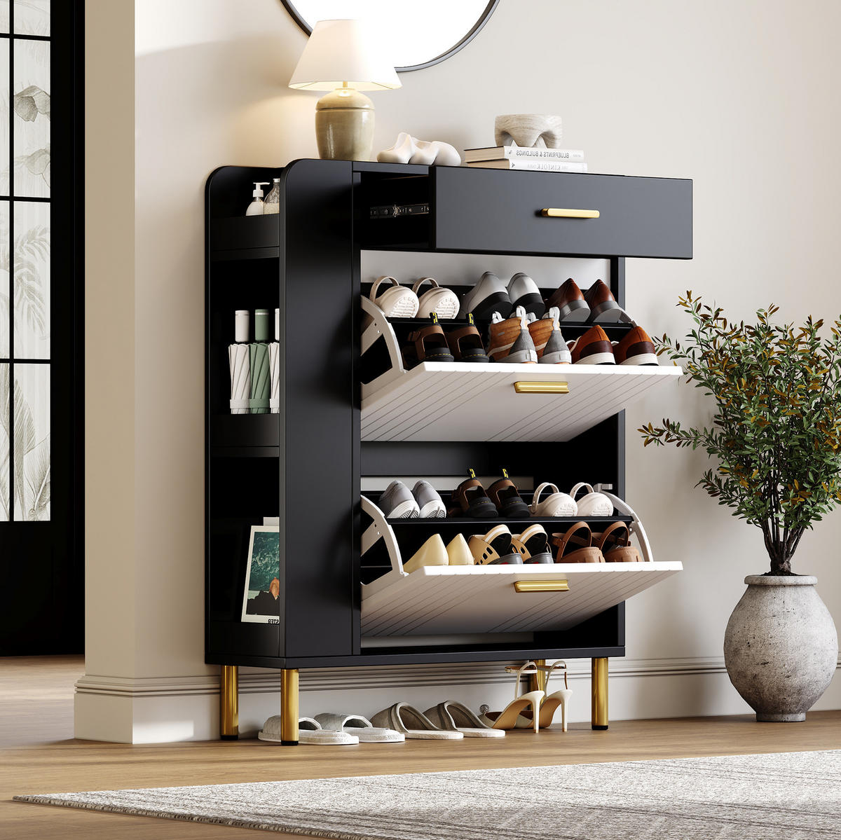 SCHUHSCHRANK 80/24/105 cm weiß/schwarz aus MDF mit Klappenfächern - Weiß, Holzwerkstoff (80/105/24cm) - OKWISH