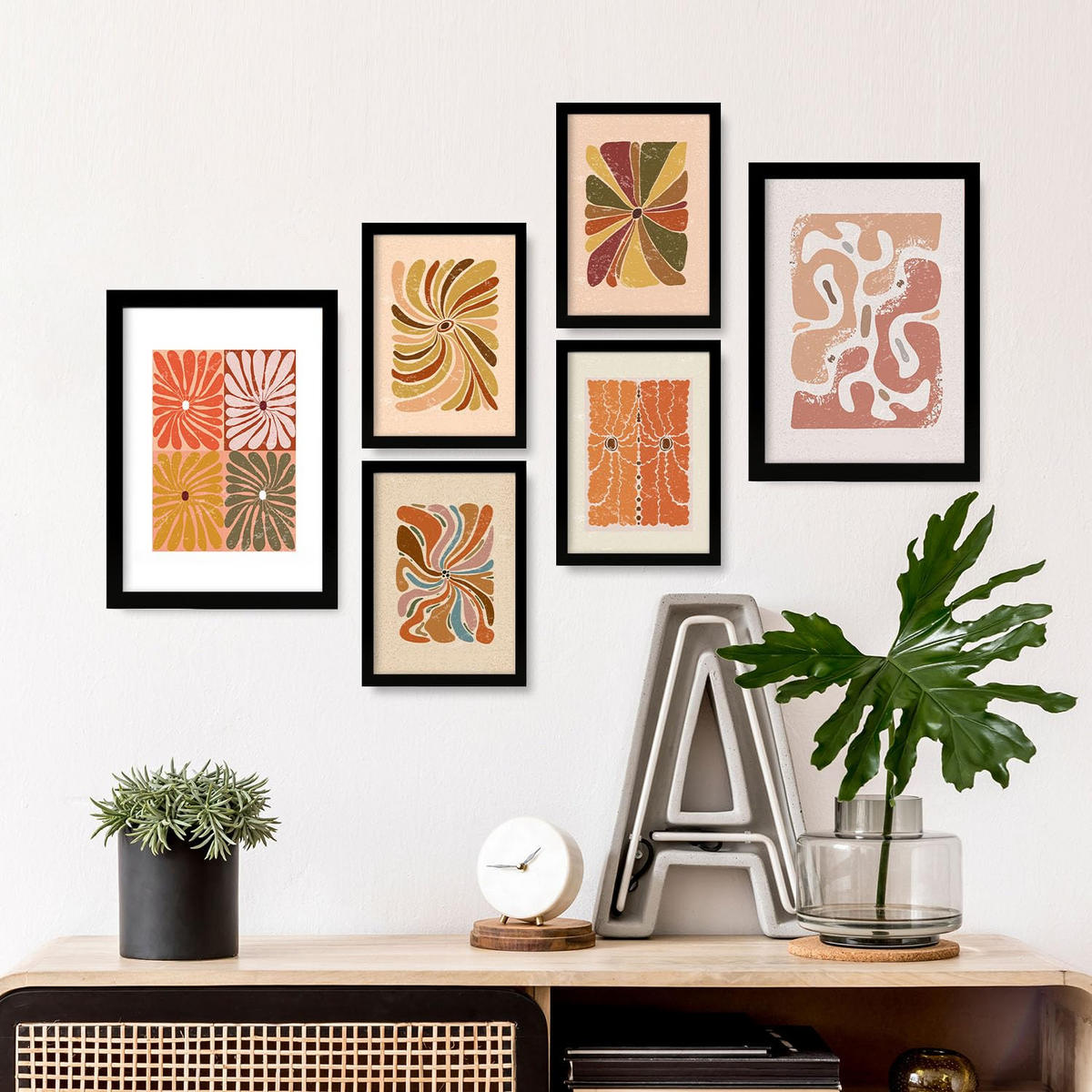 POSTER Set Mit 6 abstrakte ethnische Blume Größe A3 & A4 Schwarzer Rahmen - Schwarz, Papier (29.7/1cm) - Nacnic