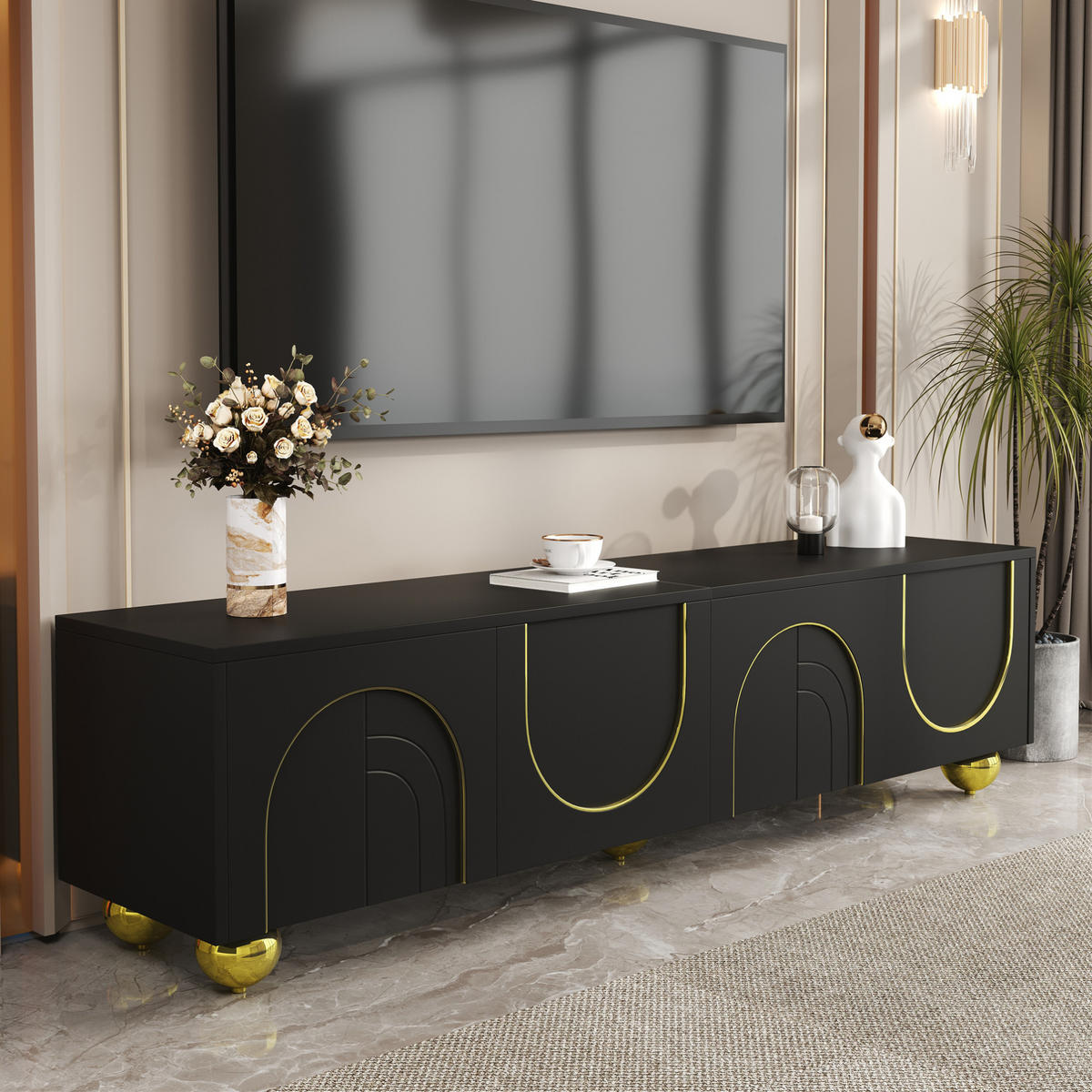 TV stolek 170/38/44 cm ze dřevotřísky se 4 dvířky, push-to-open a tlumenými panty, černá - černá, kompozitní dřevo (170/44/38cm) - Redom