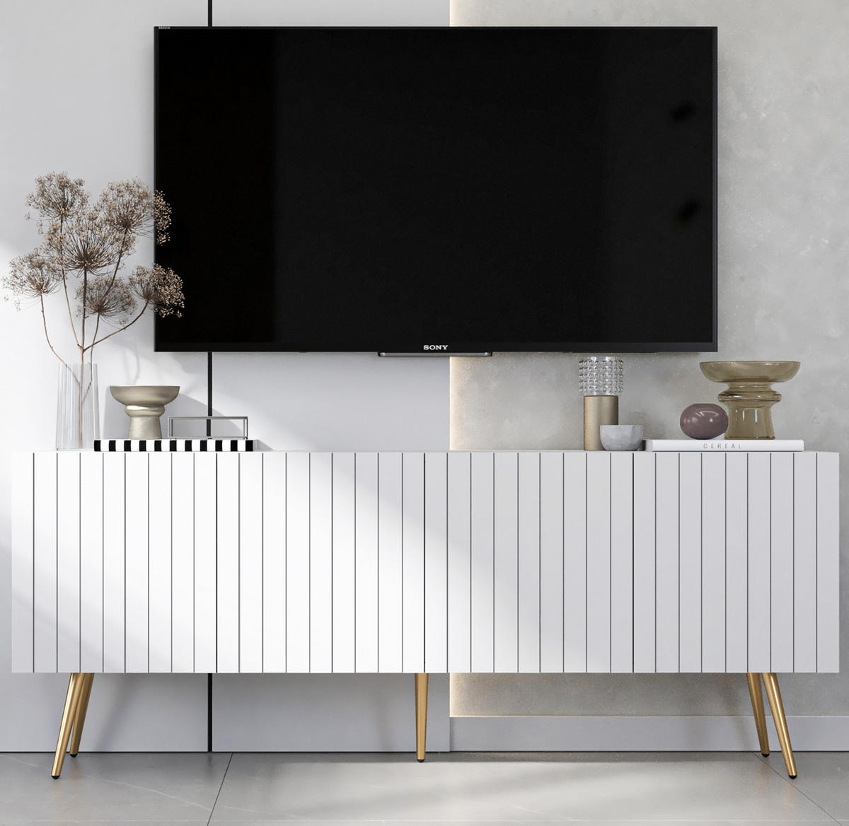 TV-SCHRANK Elpis Weiß Matt mit goldenen Metallbeine Glamour 150 cm - Goldfarben/Weiß, Holzwerkstoff/Metall (150/60.5/36.5cm) - Meble Lindner