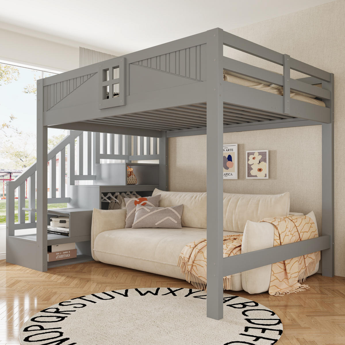 MASSIVHOLZ-HOCHBETT 140 x 200 cm mit Fenster und Leiter, Grau - Grau, Holz (140/200cm) - FLIEKS