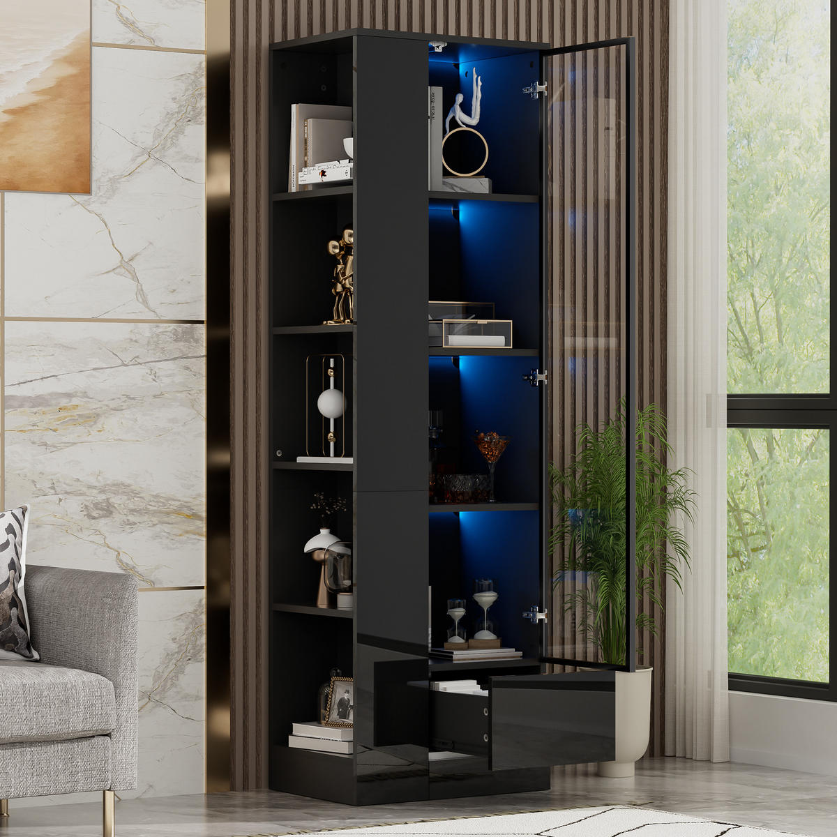 VITRINE 50x35x160 cm Schwarz mit LED und Glastür - Schwarz, Holzwerkstoff (50/160/35cm) - FLIEKS