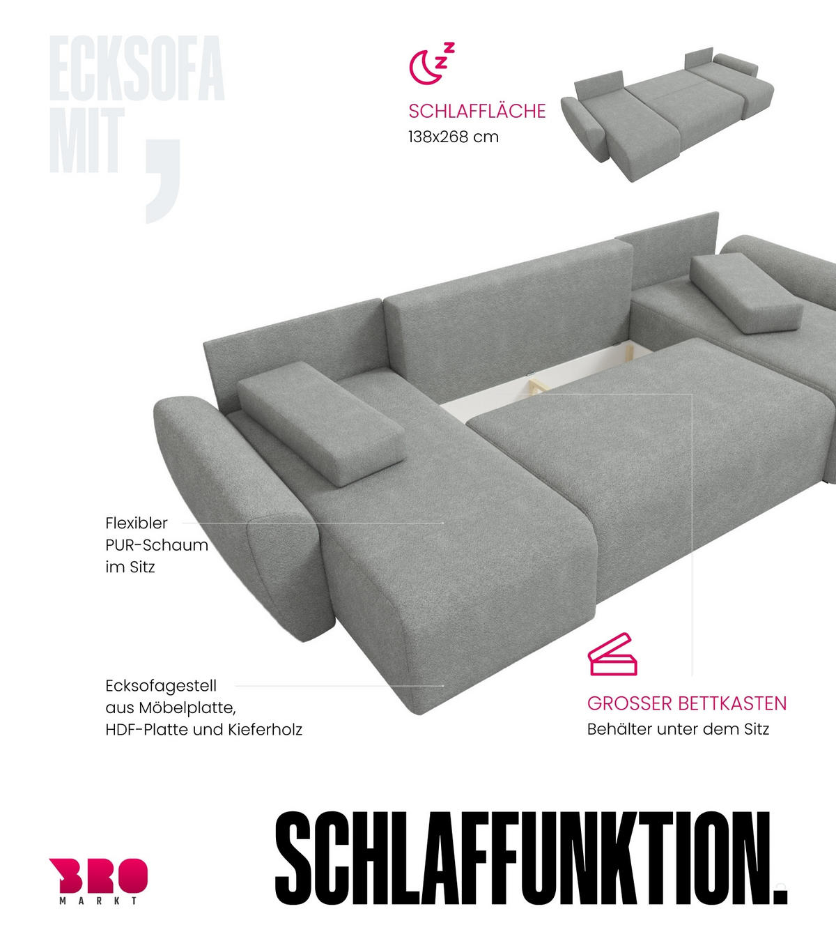 WOHLANDSCHAFT Rotterdam U mit Schlaffunktion Beige Bouclé - Beige, Textil (310/80/141cm) - Bromarkt