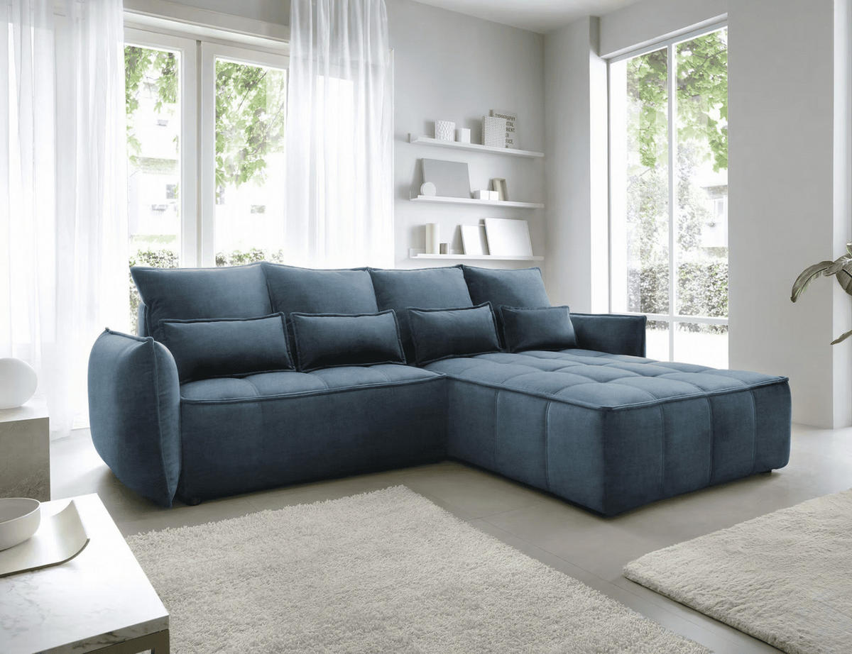 ECKSOFA mit Schlaffunktion und Bettkasten - Dunkelblau, Textil (196/265cm) - Eltap