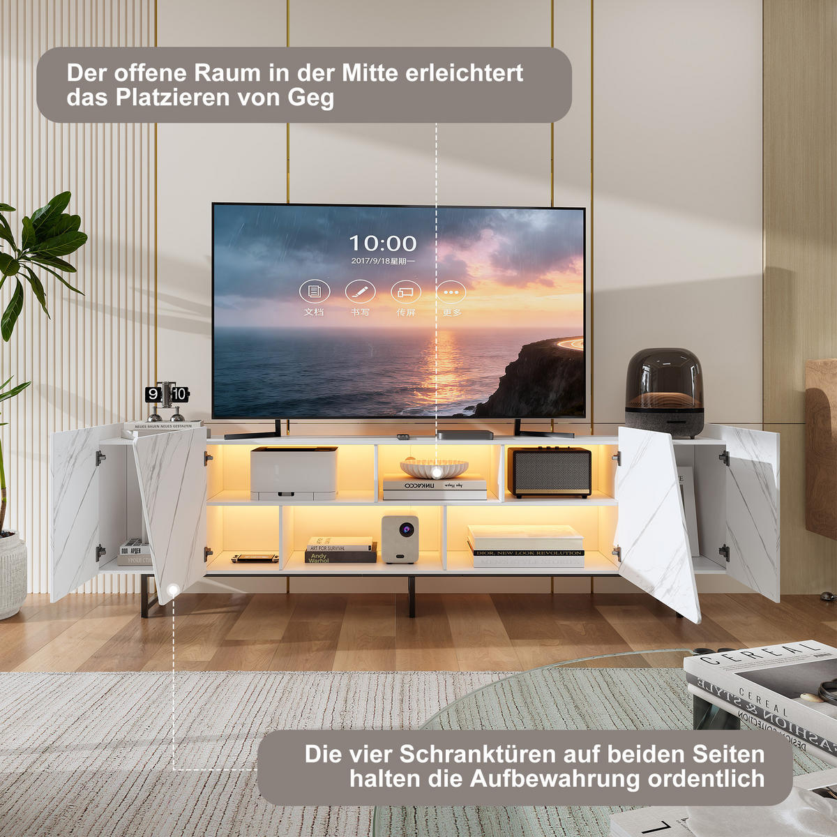 TV-BOARD weiß 220cm marmor-optik metallgestell - Weiß, Holzwerkstoff (34.5/67.7/220cm) - SHOPENTRA