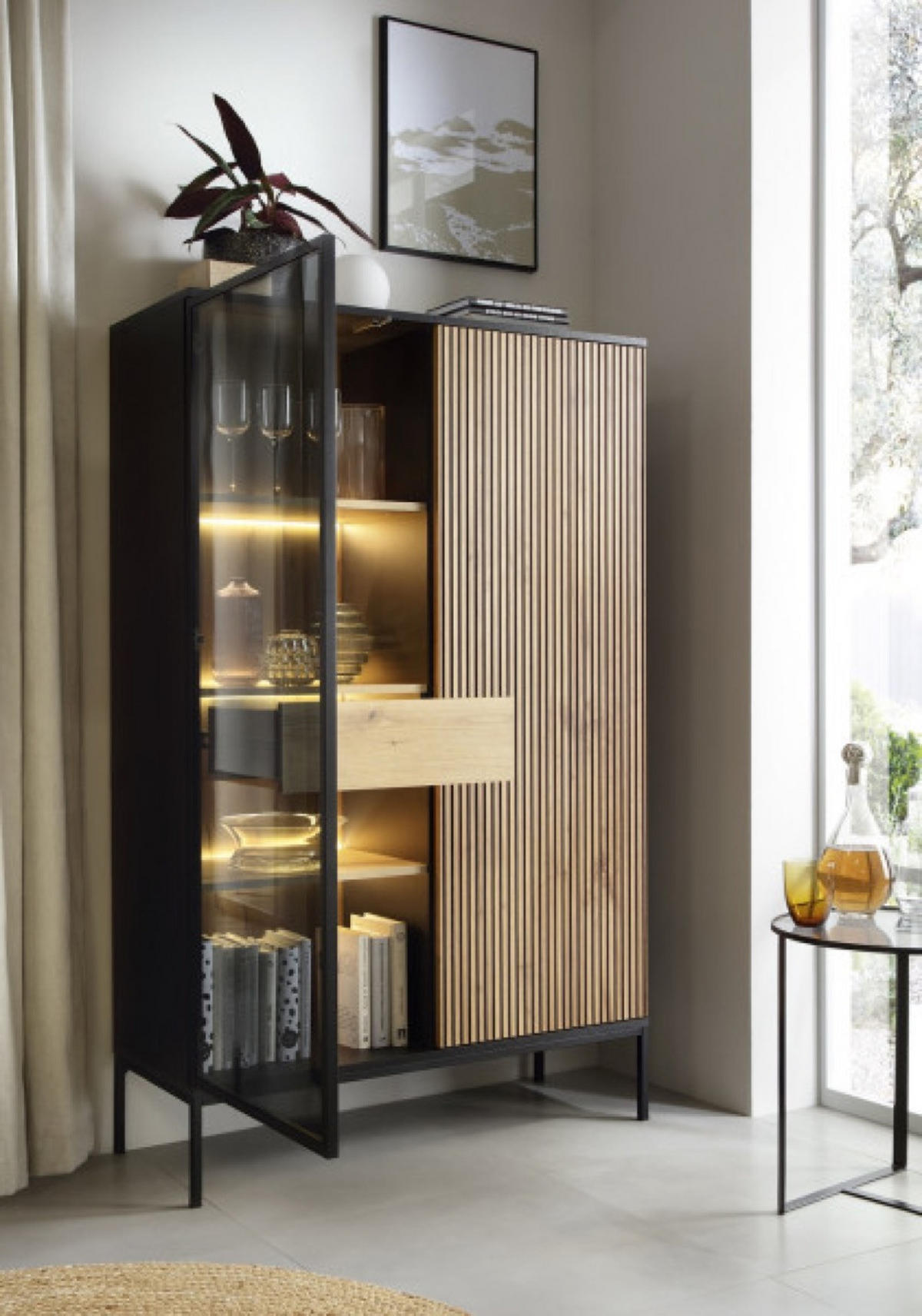 VITRINE Weiß SANTI Mit Lamellen Und LED-Beleuchtung - Multicolor, Holzwerkstoff (104/166/39cm) - Sepro Meble