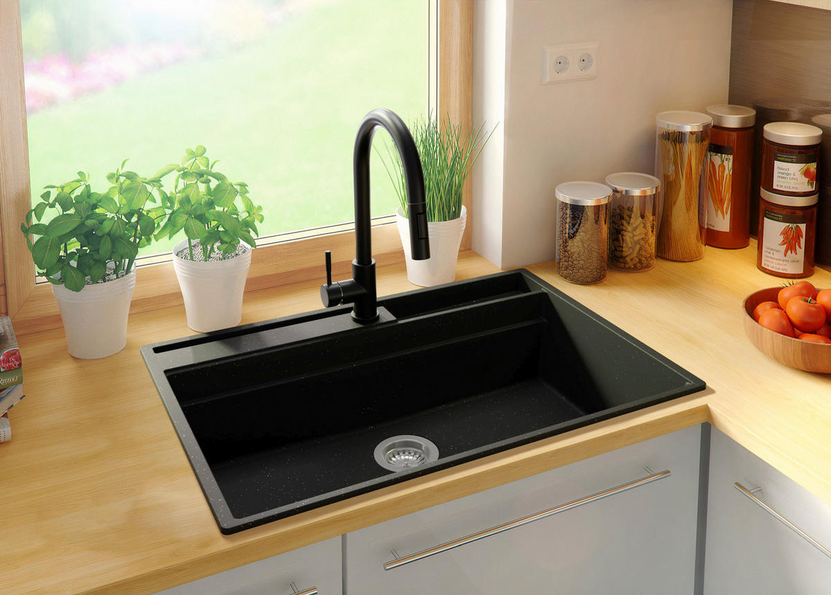 SPÜLBECKEN Oslo, 2-er set Schwarz Metallic 78/53 cm, 1 Becken + Ablauf-Set ab 80er Unterschrank - Chromfarben/Schwarz Hochglanz, Kunststoff (78/20/53cm) - Primagran