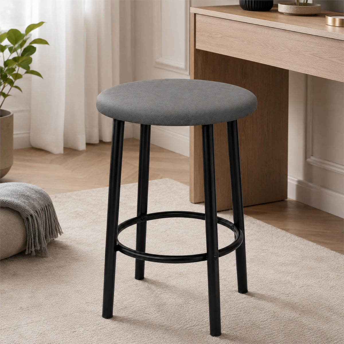 BARHOCKER 2er Set Kunstleder Metall Grau schwarz rund 35x35x48 cm - Schwarz/Grau, Metall (35/48/35cm) - Begryf
