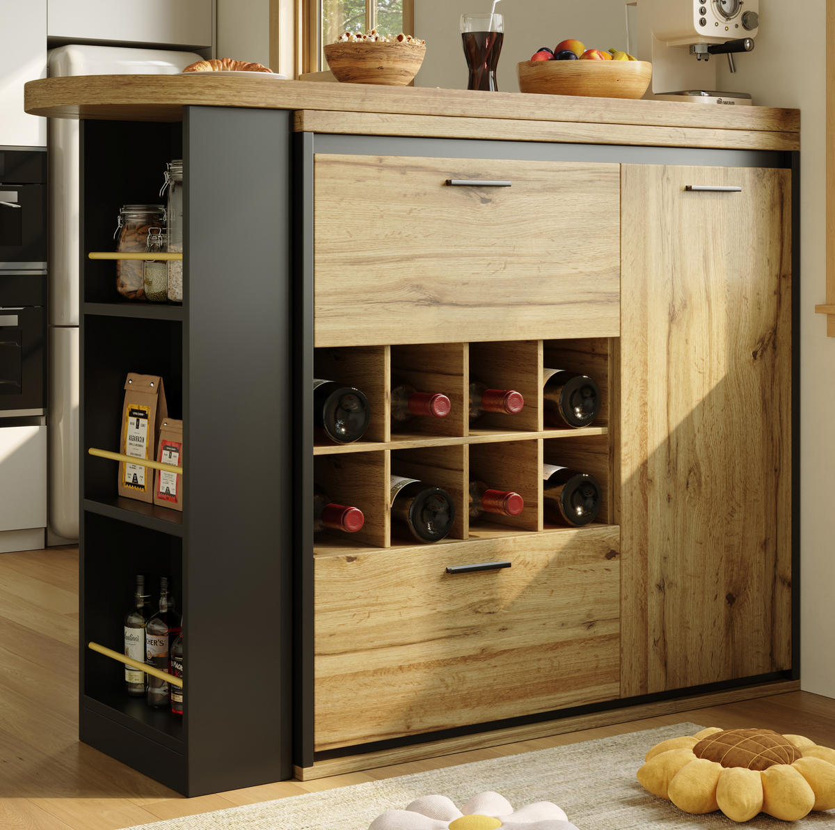 ESSTISCH 138-220/39/105 cm ausziehbar mit 2 Schubladen, Weinregal und offenen Fächern, Holzfarben - Naturfarben, Holzwerkstoff (138/39/105cm) - Redom