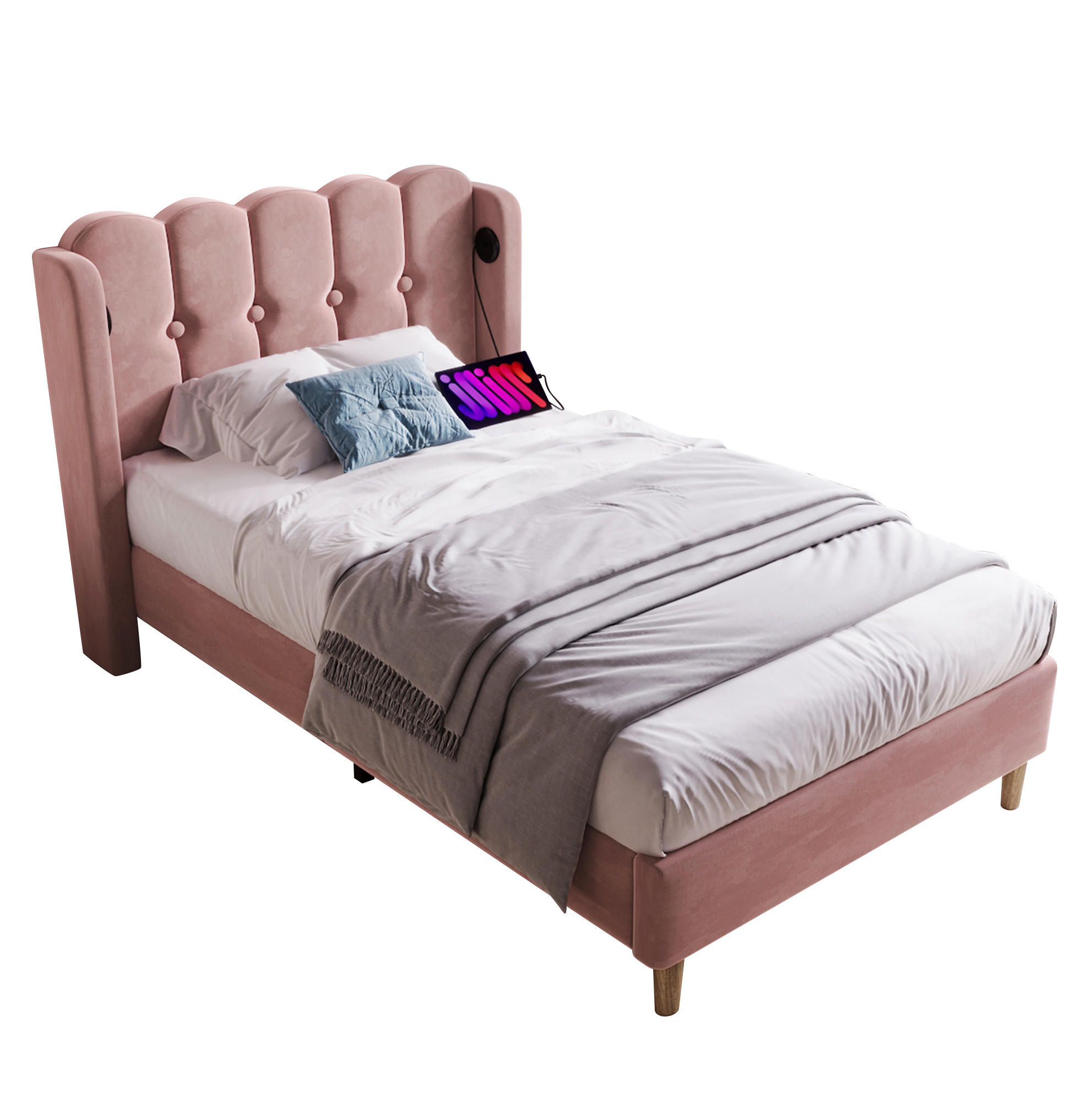POLSTERBETT mit USB und Typ-C 90x200 cm Samt Rosa inklusive Matratze - Pink, Metall (90/200cm) - Meubliv