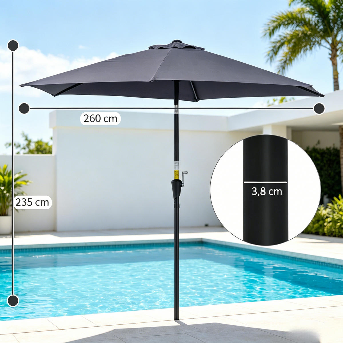 SONNENSCHIRM 260/260/235 cm Grau-schwarz (Keine Basis) - Anthrazit, Metall (260/260cm) - Oxeza