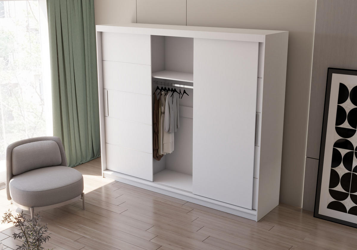 SCHWEBETÜRENSCHRANK ALBA ohne Spiegel Weiß, mit Profil LED 250cm - Alufarben/Weiß, Holzwerkstoff/Kunststoff (250/218/61cm) - imoebel24