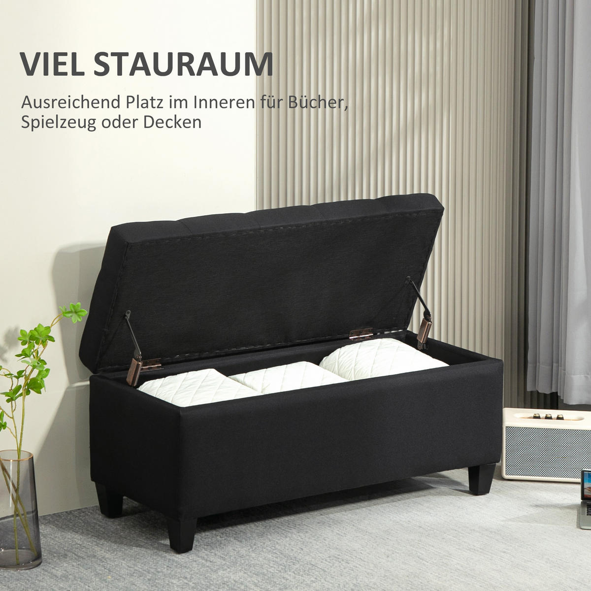 LUXUS Sitzbank Polsterbank mit Stauraum Armlehnen Polyester Holz Schwarz - Schwarz, Holz/Kunststoff (40/44/100cm) - HOMCOM
