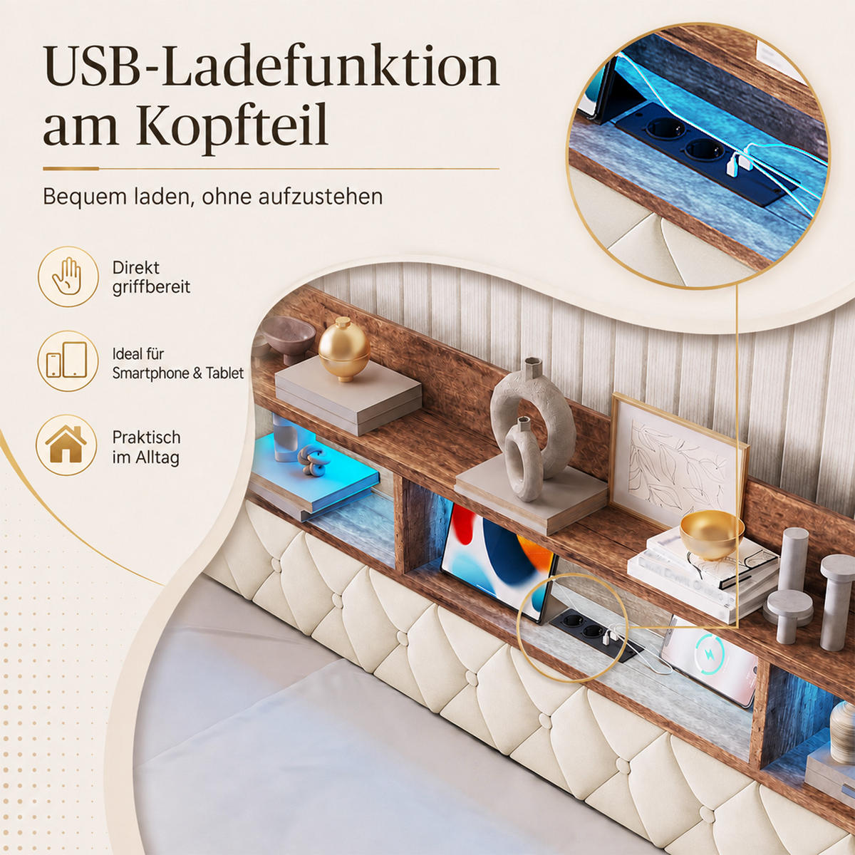 TAGESBETT 90/190 mit Schubladen & Regal, USB-C Ladeanschlüsse/LED, Samt, Beige - Beige, Holz (90/190cm) - LVHOM