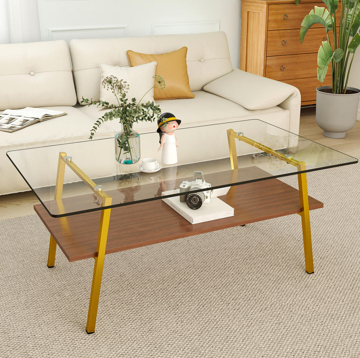 COUCHTISCH aus MDF 98x58x42 cm und gehärtetem Glas in Rosé und Gold mit Metallbeinen - Rosa, Holzwerkstoff (98/58/42.5cm) - IVMEU