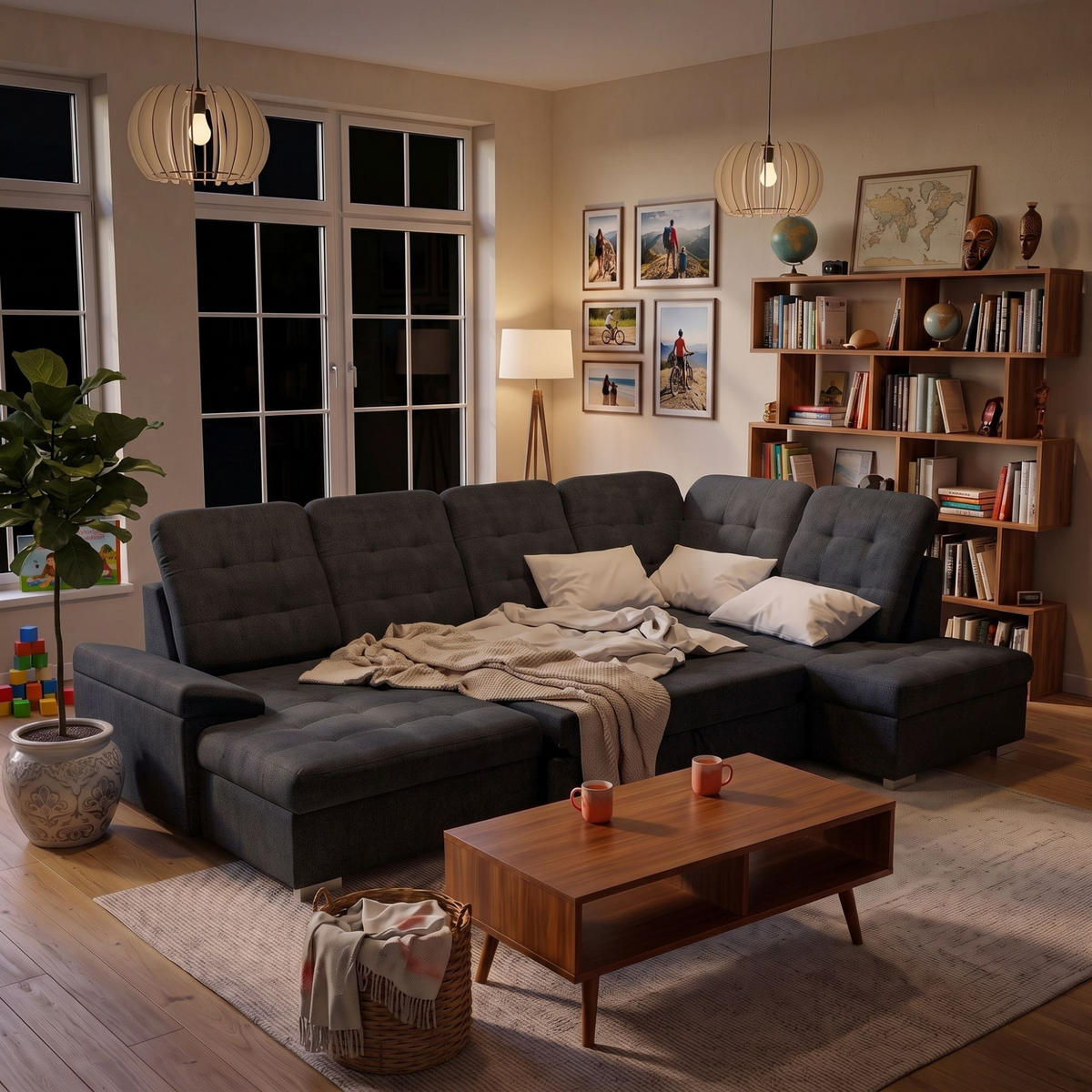 ECKSOFA U-Form OLIVIA U Rechts mit Schlaffunktion 124x257 Velours Schwarz - Silberfarben/Schwarz, Holz/Kunststoff (202/103/320cm) - Muffo