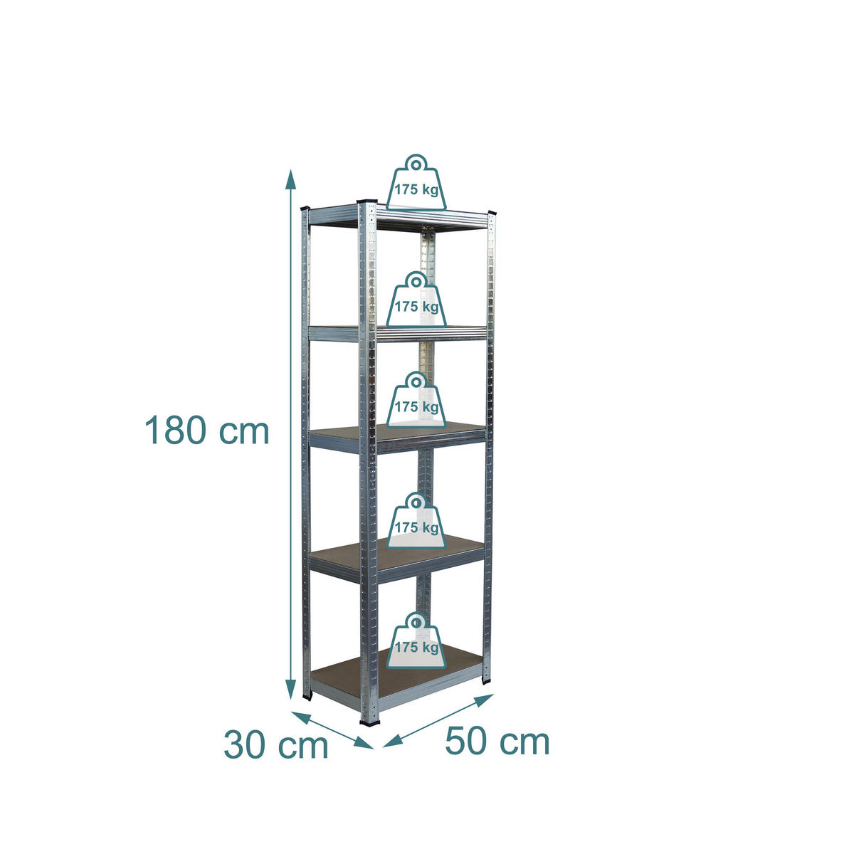 REGÁL Stříbrná přírodní 5 polic 875 kg - různobarevná, kov/kompozitní dřevo (50/180/30cm) - Relaxdays