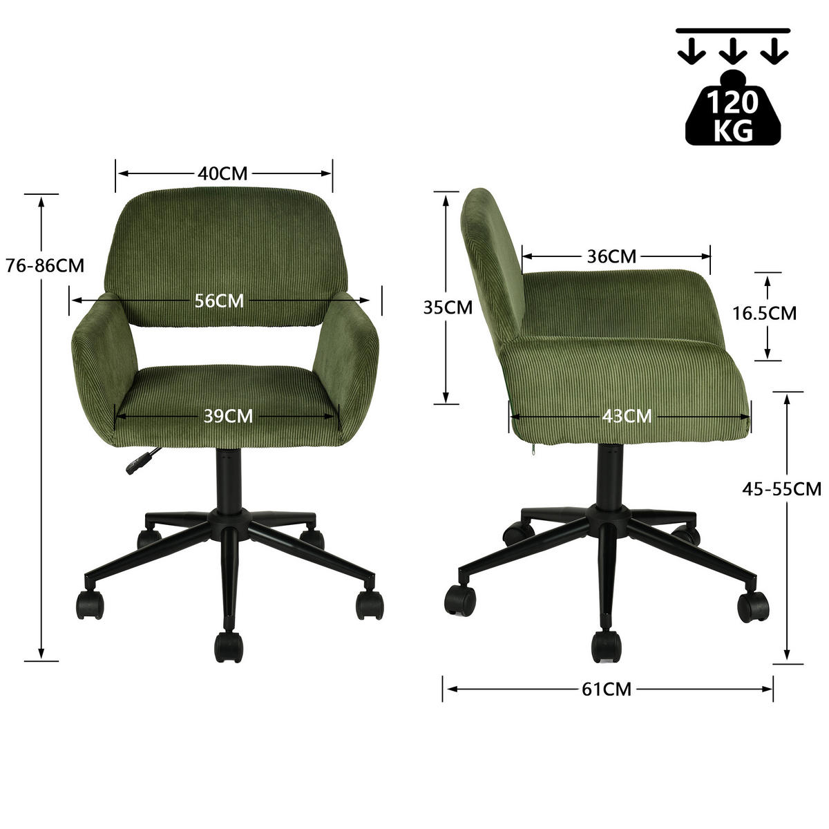 BÜROSTUHL in Cord-Samt, Grün - Grün, Metall (39/86/43cm) - Meubles Cosy