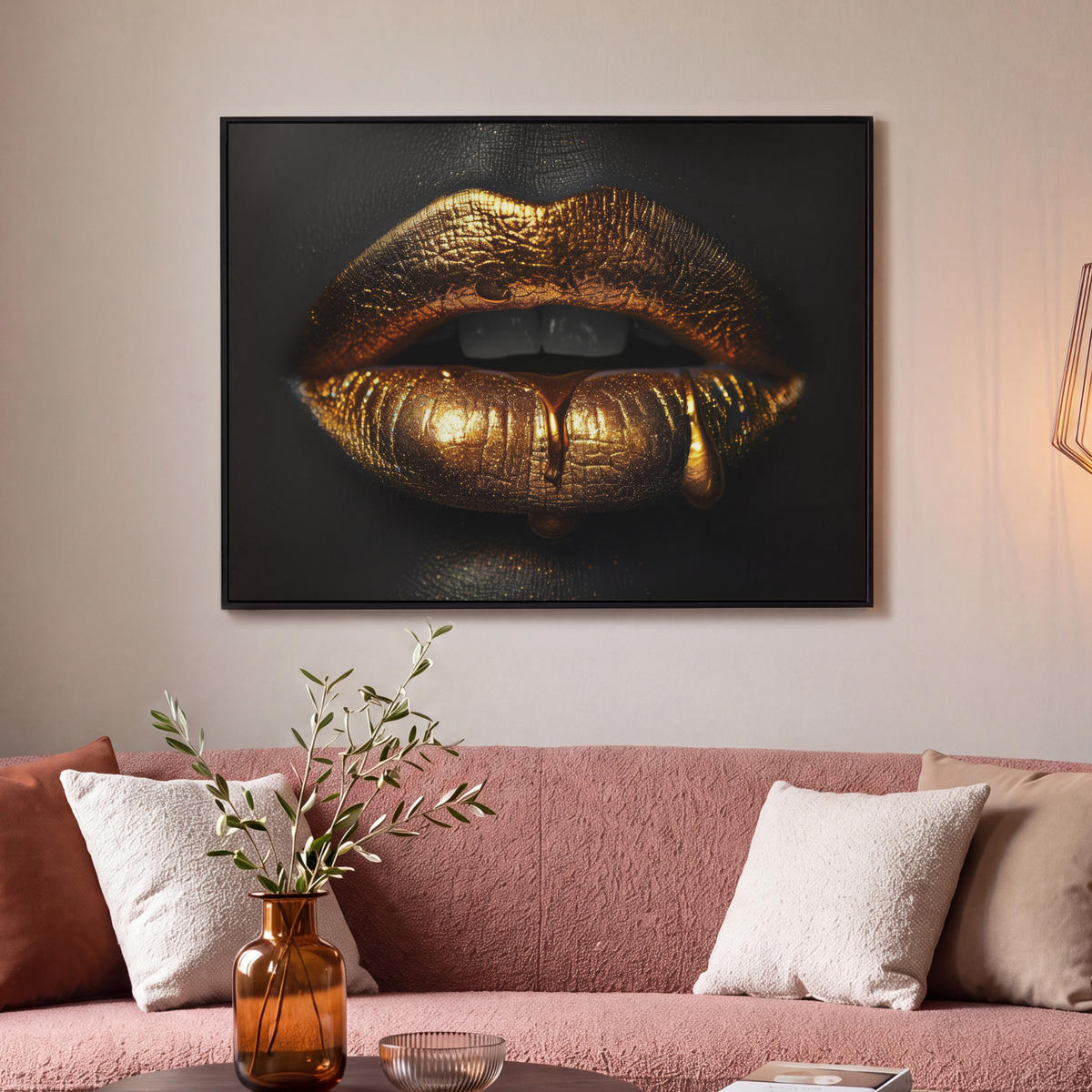 LEINWAND Bilder mit Rahmen - Frau - Porträt - Lippen - Gold - Schwarz - 100x70 - Schwarz, Textil (100/70cm) - MuchoWow
