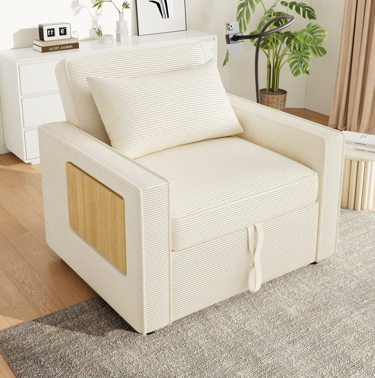 SCHLAFSOFA 1-Sitzer, Cord mit USB-Anschluss & Beistelltisch, 93/150/85 cm, Beige - Beige, Textil (93/85/150cm) - Redom