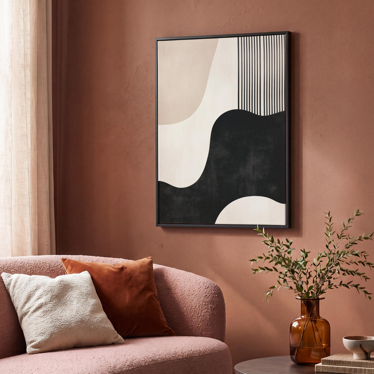 LEINWAND Bilder mit Rahmen - Abstrakt - Japandi - Beige - Modern - 70x100 - Schwarz, Textil (70/100cm) - MuchoWow
