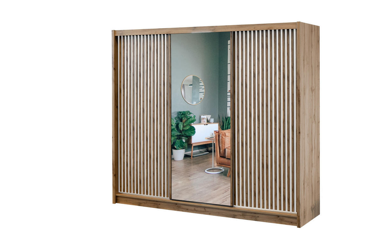 SCHWEBETÜRENSCHRANK DRAVEN 250/215/60,5 cm 3-türig mit Spiegel Eiche Wotan - Eiche Wotan/Weiß, Holzwerkstoff (250/215/60.5cm) - MASSENO