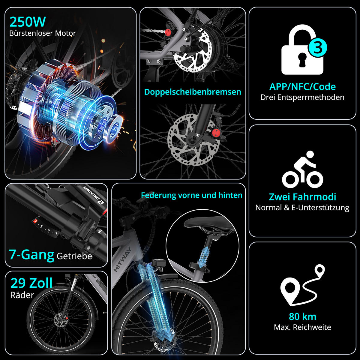 E-BIKE BK7SPLUS 27 kg Leichtbau mit 120 kg Traglast 3 Startmethoden Komfort für 170–195 cm - Grau, Metall (86cm) - HITWAY