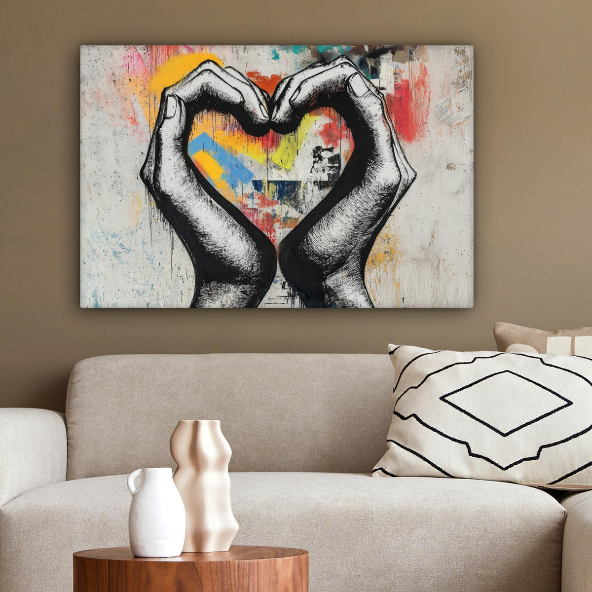 OBRAZ NA PLÁTNE Ruky - Srdce - Street art - Graffiti 90x60 cm - viacfarebná, textil (90/60cm) - MuchoWow