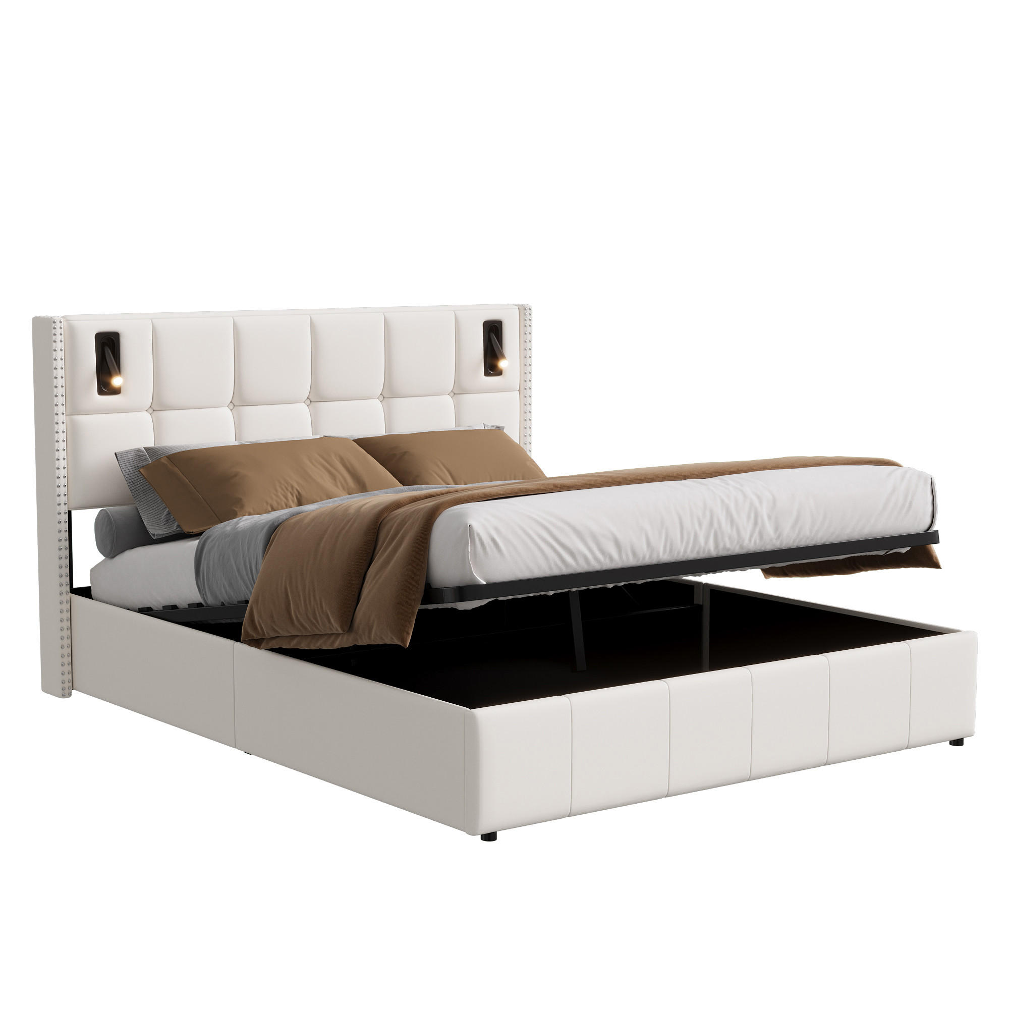 POLSTERBETT 140x200 cm mit Leselampe, Doppelbett 140x200, Nietenverzierung, Stauraum, Beige Samt - Beige, Leder/Metall (140/200cm) - GENKI LIVING