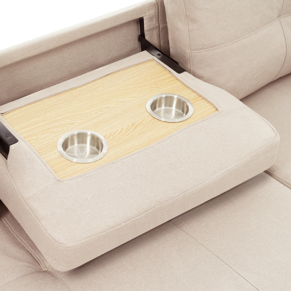 ECKSCHLAFSOFA Leinen Beige mit Stauraum, Getränkehalter und Schlaffunktion - Beige, Holzwerkstoff/Kunststoff (211/136cm) - WISHDOR