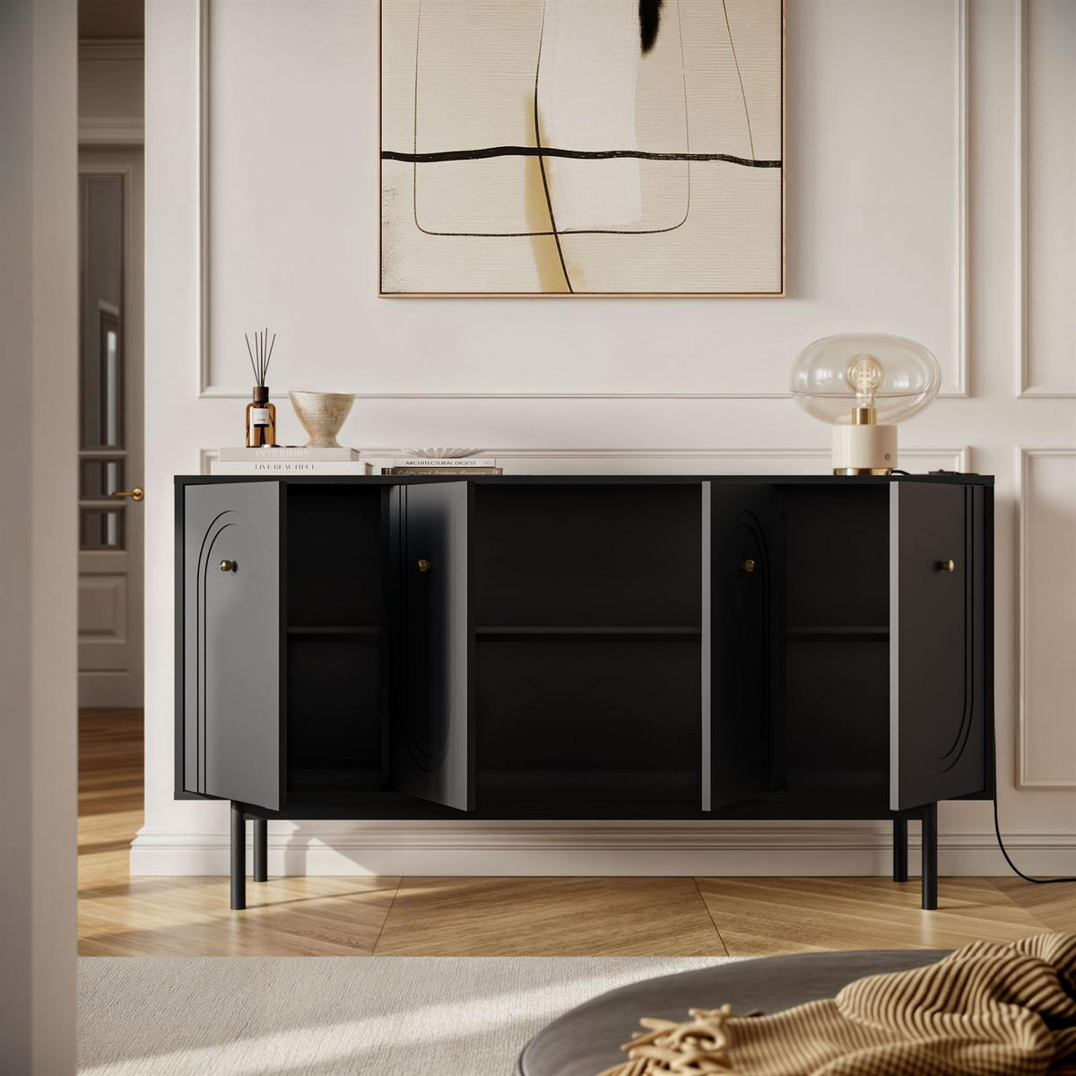 SIDEBOARD LIBERTY 4D auf Holzbeinen schwarz - Schwarz, Holzwerkstoff (154/82/39cm) - Lookway