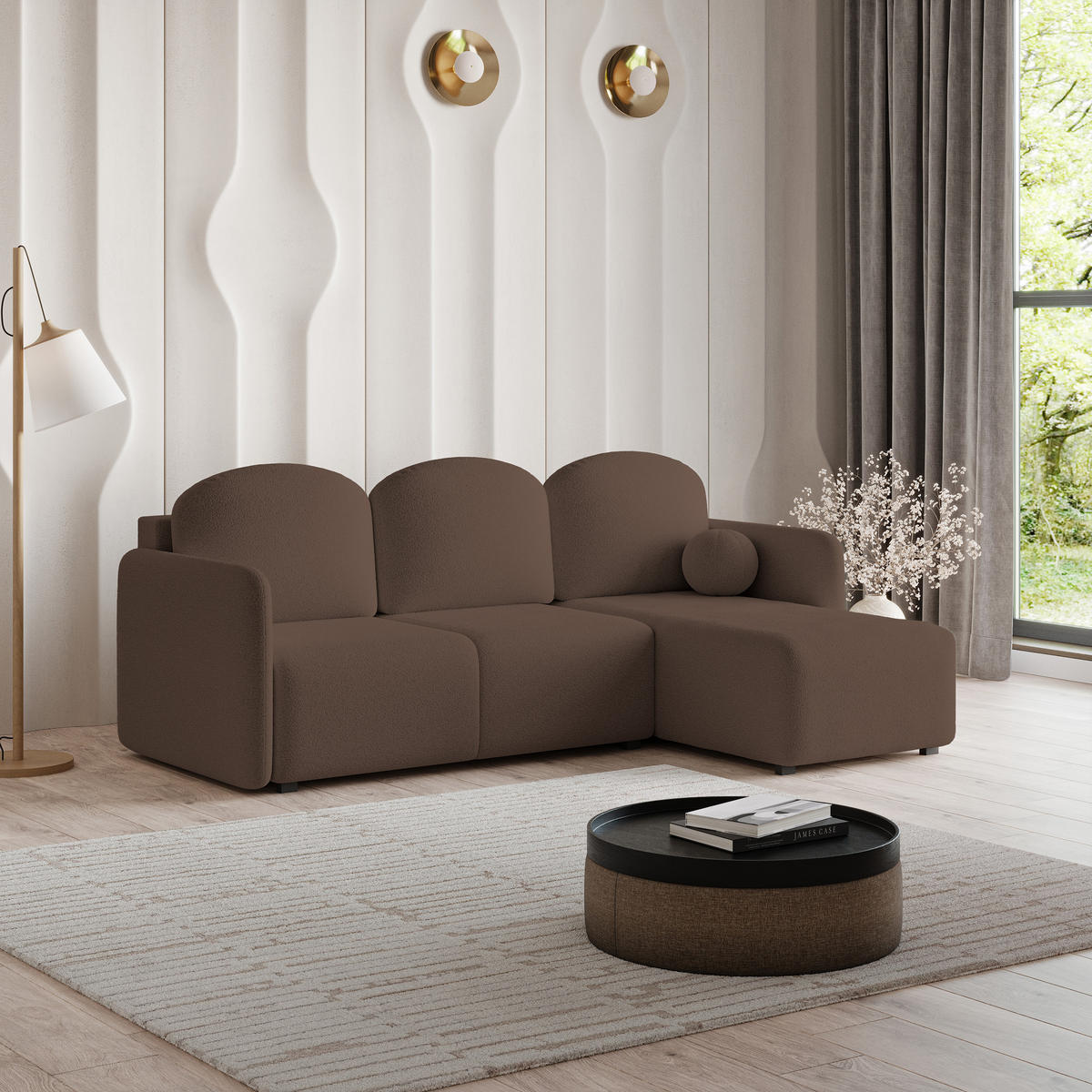ECKSOFA SUVINO Braun Boucle-Stoff mit Schlaffunktion - Braun, Holz (230/143cm) - MASSENO